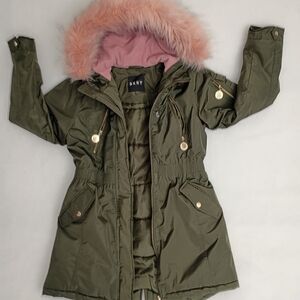 DKNY Olive Green Ski Jacket with Pink Fur Hood M Juniors/Teens
